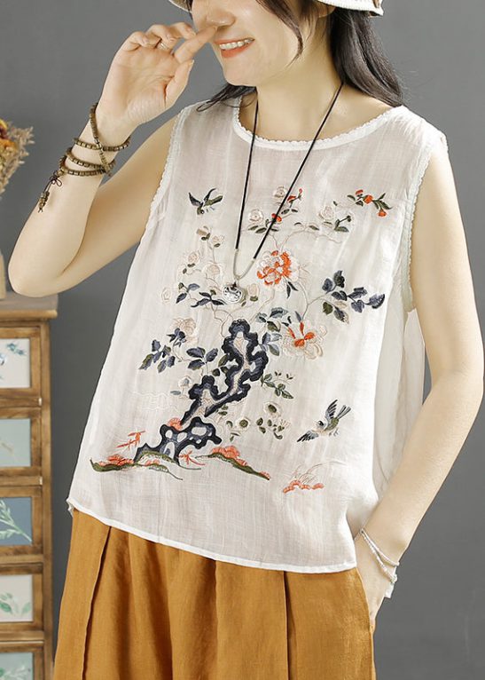 Handmade White O-Neck Bird Embroideried Linen Tank Sleeveless