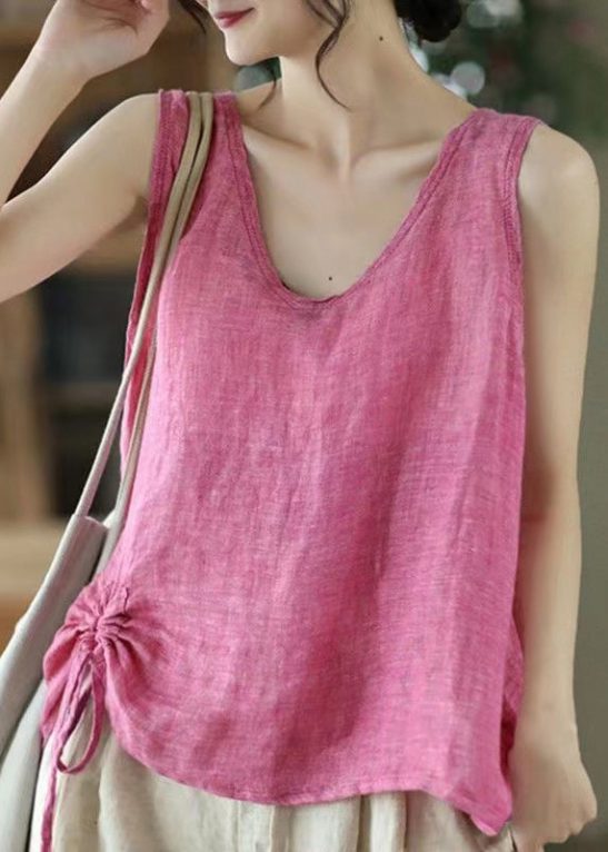 Women Pink Solid V Neck Lace Up Cotton Tank Sleeveless
